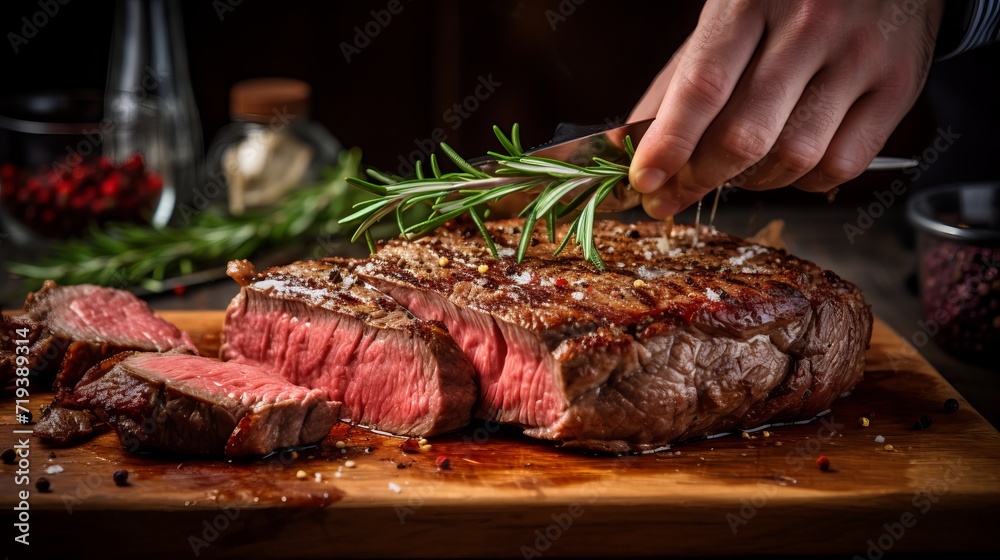 A piece of great beef steak with bones is being offered by hands.