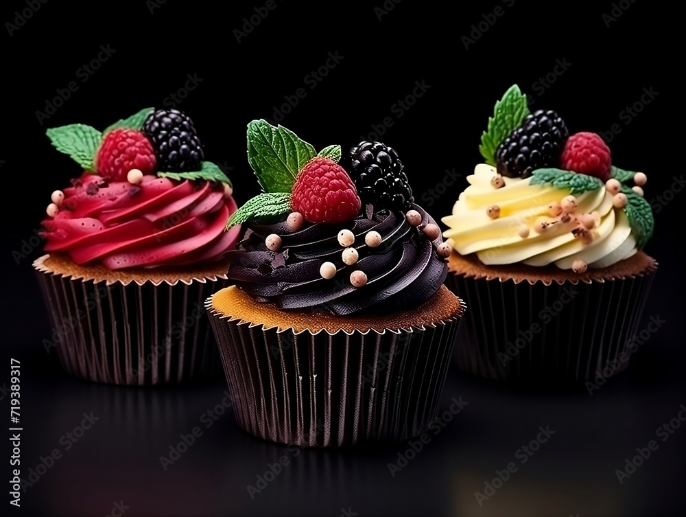 Set of cupcakes with berries and mint on a dark background