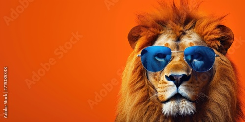 Lion with blue sunglasses on orange background.