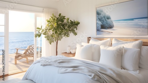 Coastal cottage bedroom with a white bed and beachy decor © Warda