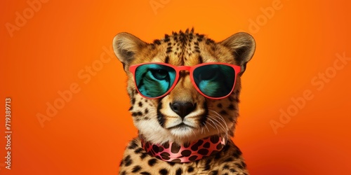 Cheetah with pink sunglasses on an orange background.
