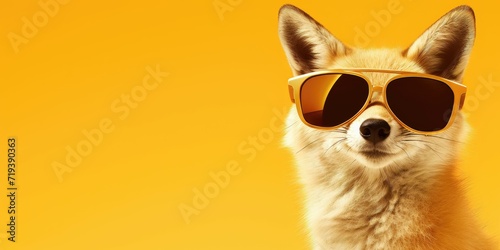 Fennec fox with orange sunglasses on a yellow background. © AdriFerrer