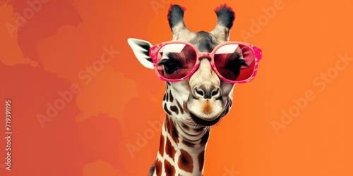Giraffe with pink sunglasses on an orange background. © AdriFerrer