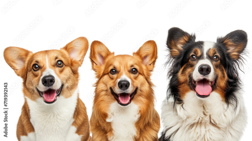 Group of dogs sitting together, isolated on white. Happy pets Group of dogs sitting together, isolated on white. Happy pets