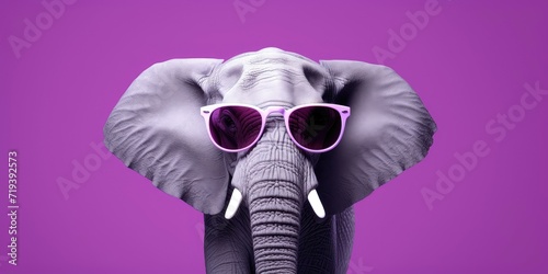 Elephant with purple sunglasses against a violet background.