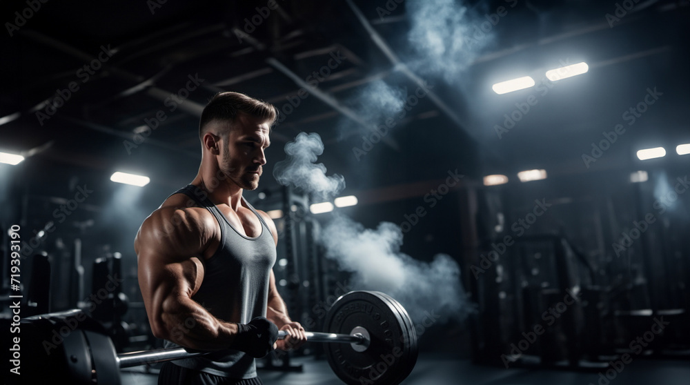 a pumped up muscular bodybuilder is working out with a barbell in the ...