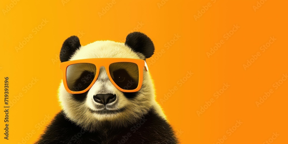 Panda with orange sunglasses on a yellow background.