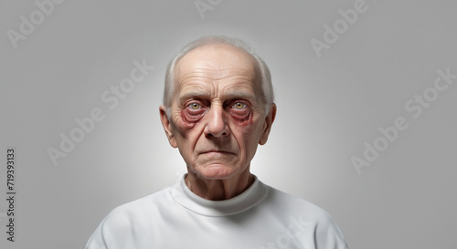 old man with inflamed eyes, conjunctivitis and insomnia suffers from sore eyes. photo