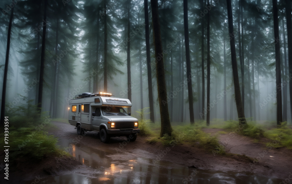 traveling in a motorhome camper through the forest along a swampy road