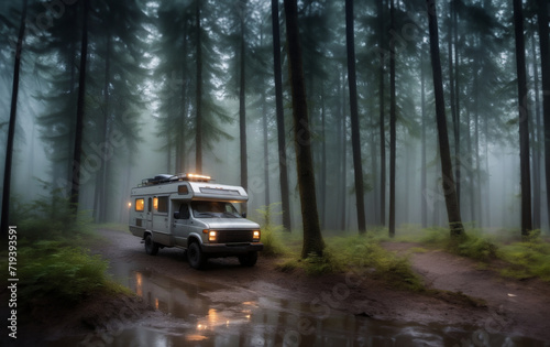 traveling in a motorhome camper through the forest along a swampy road