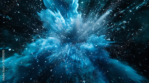  an explosion with blue and white particles on a black