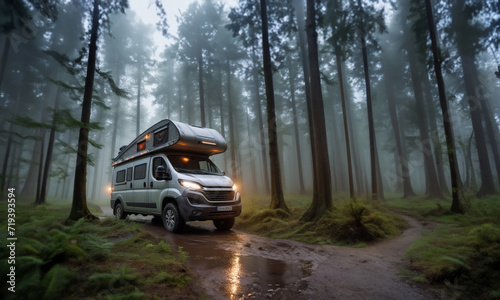 traveling in a motorhome camper through the forest along a swampy road © velimir