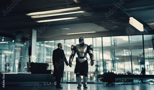 robot bodyguard assistant to a businessman, personal security guard of a businessman photo