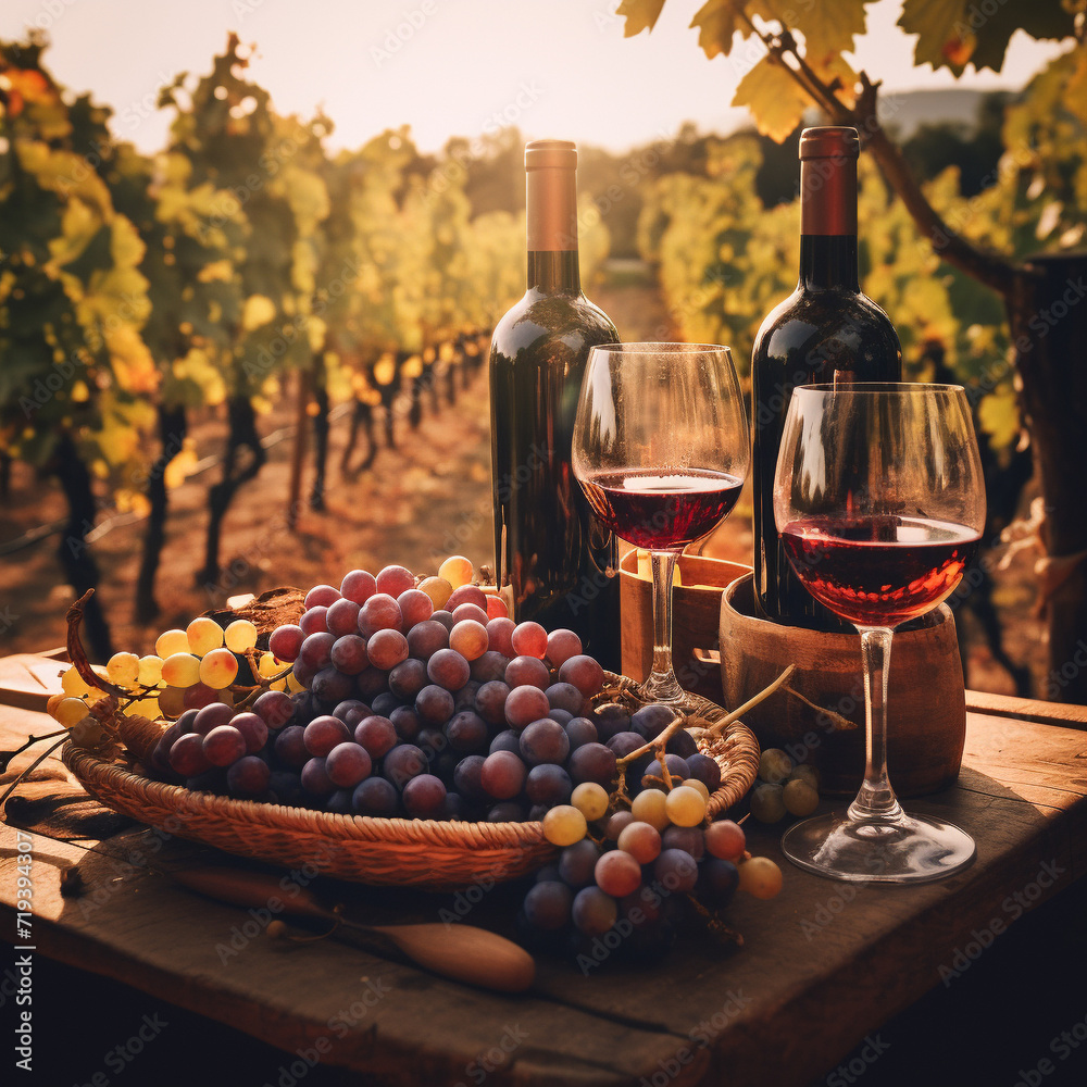 A beautiful table with wine and a winery in the background. Image made by artificial intelligence.