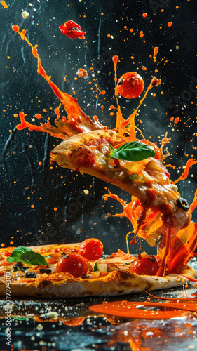 Dramatic capture of cheese pizza slice with toppings flying mid air explosion