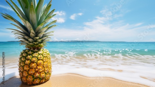 Summer background with pineapple on the seashore. Neural network AI generated art