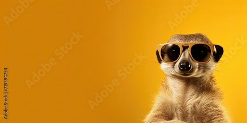 Meerkat with sunglasses on a yellow background.