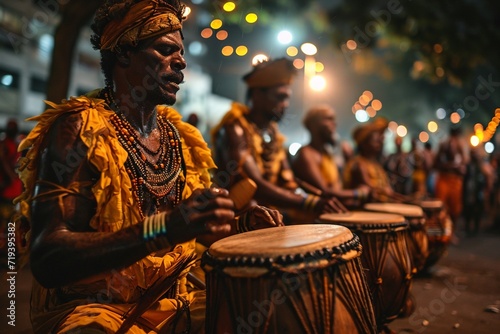 Group of percussionists playing bongos in the street