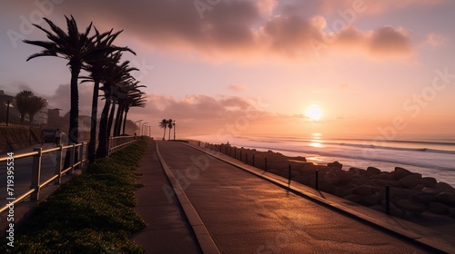 A serene sunrise over a beachfront jogging path  inspiring early morning runners to kickstart their day with a dose of fitness.