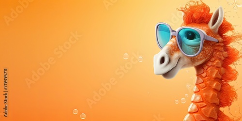 Seahorse in blue sunglasses and an orange mane on an orange background with bubbles.