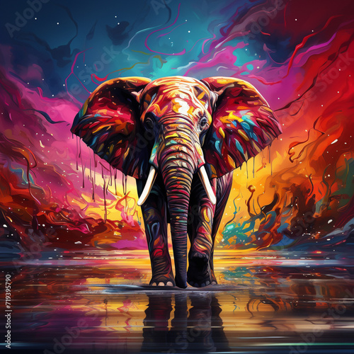 Illustration of an elephant in a colorful setting. Image produced by artificial intelligence.