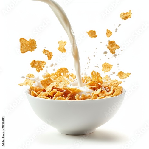 Corn flakes with milk being poured isolated on white
