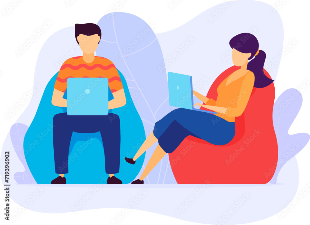 Freelancers working remotely, man and woman with laptops on chairs. Young adults in casual wear, co-working in modern cozy space.