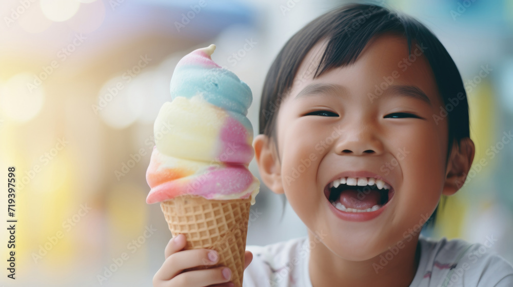 Cheerful little asian girl enjoying vibrant rainbow ice cream cone, copy space