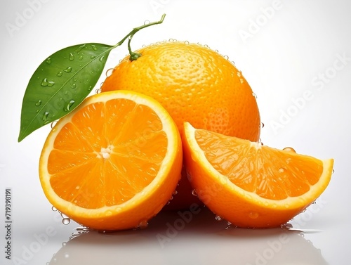 Fresh orange fruit with water droplets on it in white background