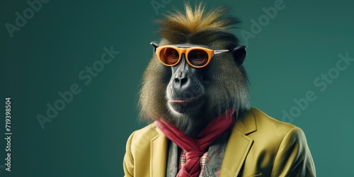 A mandrill in a stylish outfit with orange sunglasses. © AdriFerrer