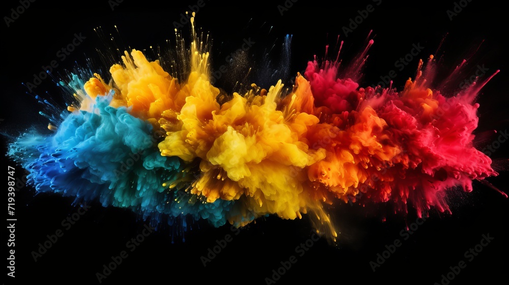 The surface of a dark black surface is the site of an explosion of colored powder