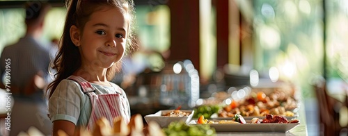 Happy child girl and other kids at buffet of cafeteria in elementary school or hotel.