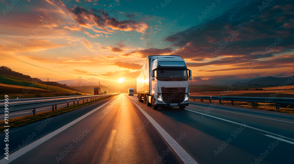 Modern truck on the highway delivers cargo. Beautiful landscape on the background. Logistics and import export concept