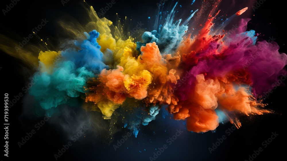 The surface of a dark black surface is the site of an explosion of colored powder