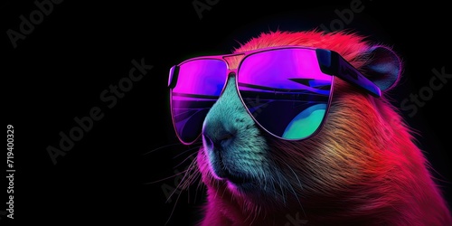 A capybara with pink and blue sunglasses against a black background. © AdriFerrer