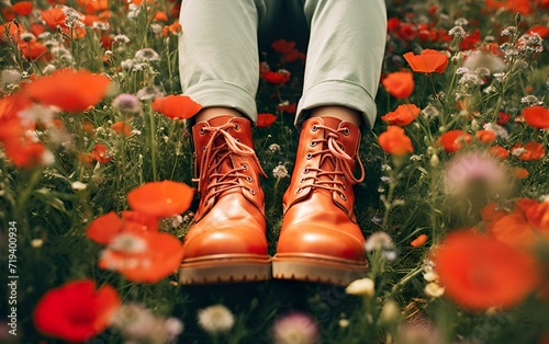 The legs of a woman in red ankle boots on a flower field