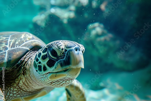 Underwater photo of a turtle in the ocean.