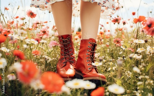 The legs of a woman in red ankle boots on a flower field