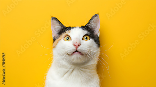 Close up portrait of black and white cat looking surprised in camera isolated on yellow background with copy space. Banner for pet shop with japanese bobtail cat. Backdrop with animal for poster © Irina