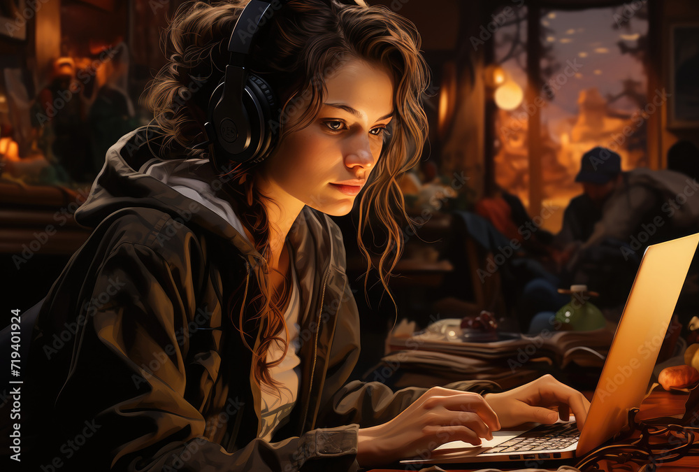 Obraz premium A focused woman in casual attire sits indoors, her face illuminated by the glow of a laptop screen as she tunes out the world with headphones while engrossed in her computer work