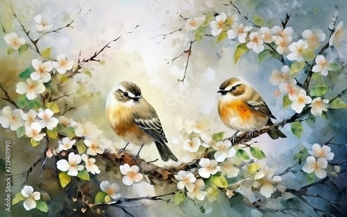 Small birds and bird chicks among cherry blossoms © Stormstudio