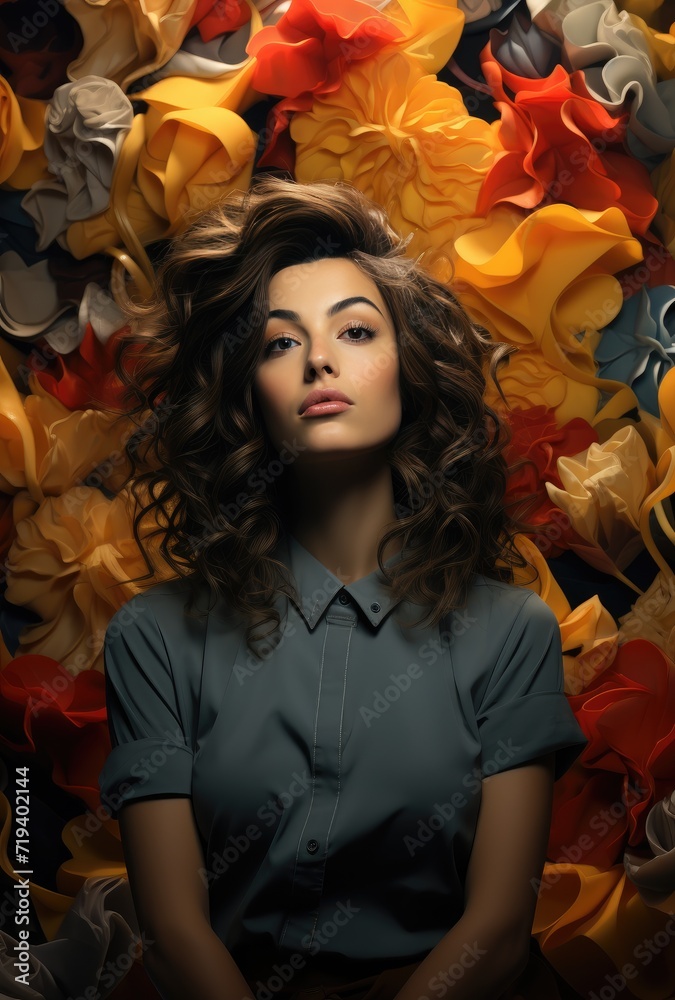 Fototapeta premium A fashionable woman radiates confidence and grace as she stands before a vibrant rose, her portrait capturing the essence of beauty and art