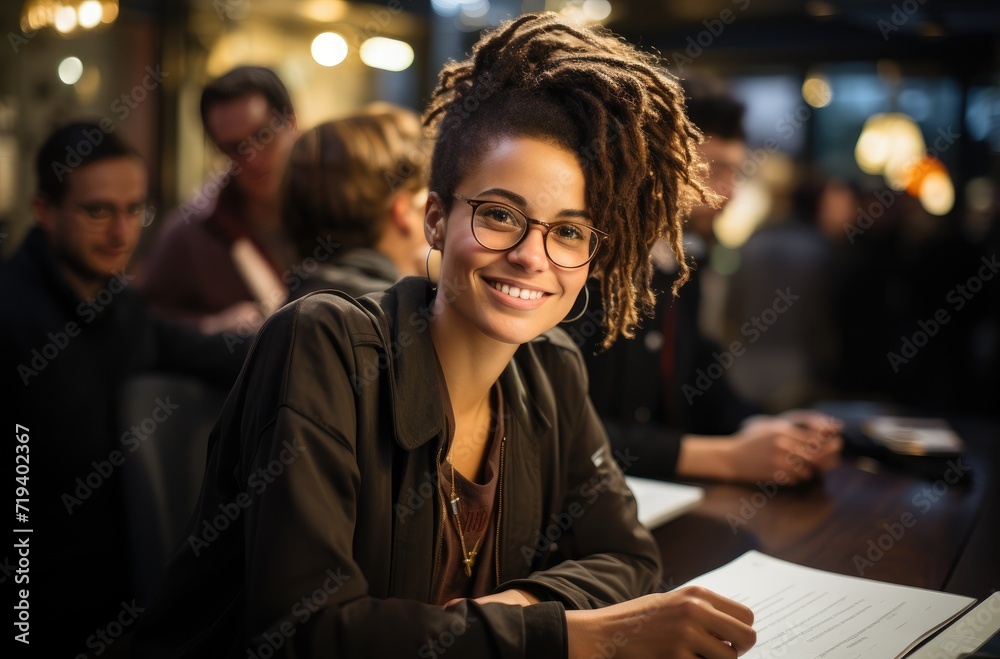 A woman radiates joy as she sits comfortably indoors, her stylish glasses framing her smiling face and complimenting her outfit