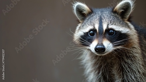 Cute raccoon peeks out, on a smooth background in the studio, lots of copy space for design © LELISAT