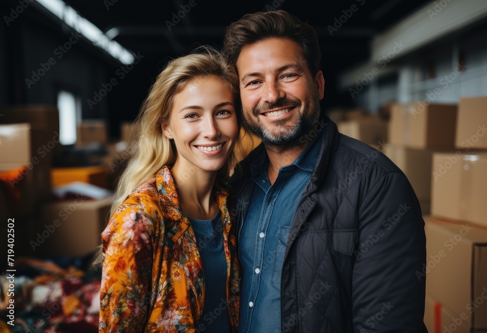 A couple's joyful selfie captures their stylish clothing, radiant smiles, and cozy indoor setting, as they stand together against a textured wall and ceiling backdrop