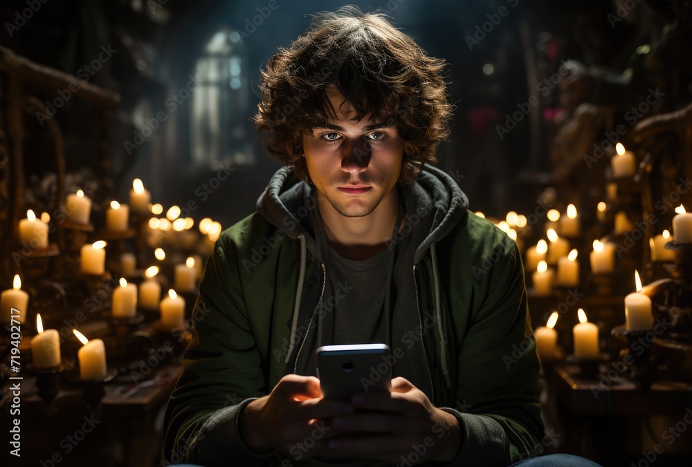 A person sits in a dimly lit room, illuminated only by the flickering flames of candles, as they hold a phone to their face, their glasses reflecting the soft glow
