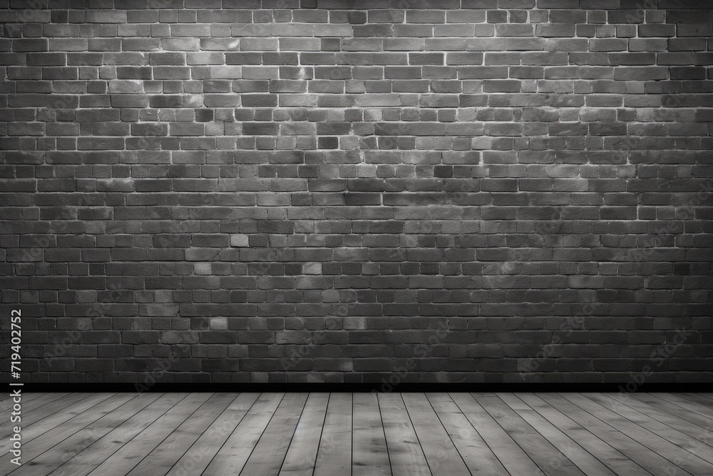 Blank Gray Brick Wall in 3D Loft Interior. Wooden Flooring. Perfect Background for Apartment