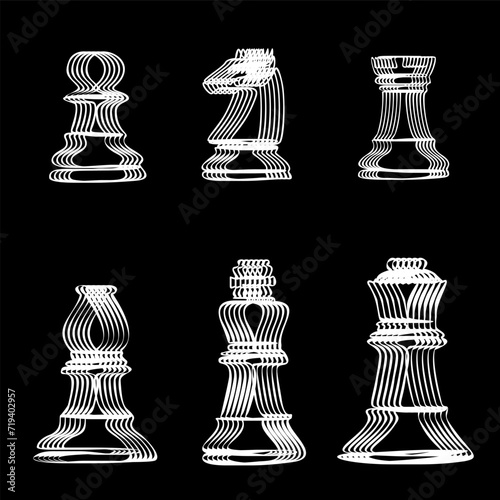 Chess piece icons. Black silhouettes isolated on white background. Vector illustration.