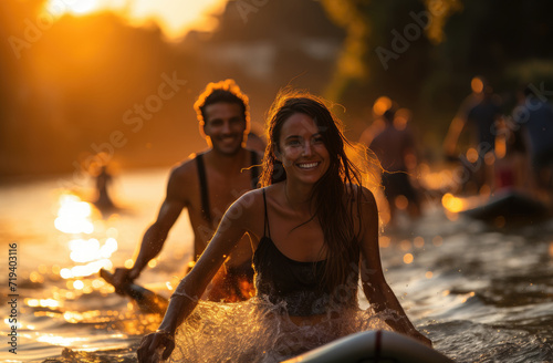 A radiant woman rides the waves at sunset, her beaming smile a reflection of her love for the ocean and freedom © LifeMedia
