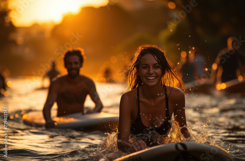 A daring woman gracefully glides through the shimmering water on her surfboard, her sun-kissed face beaming with joy as she takes in the stunning sunset and the refreshing embrace of the ocean © LifeMedia